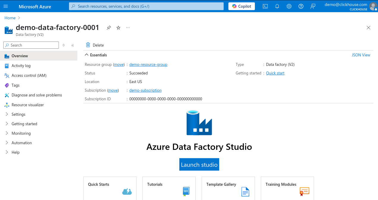 Стра�ница Azure Portal Data Factory
