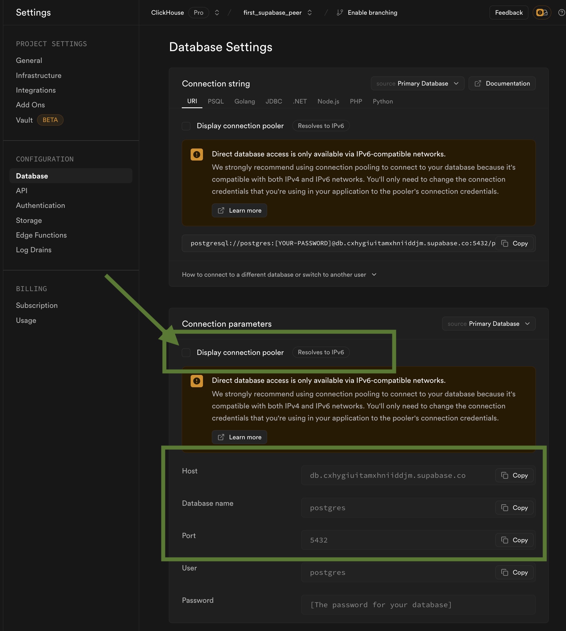 Найти параметры подключения Supabase